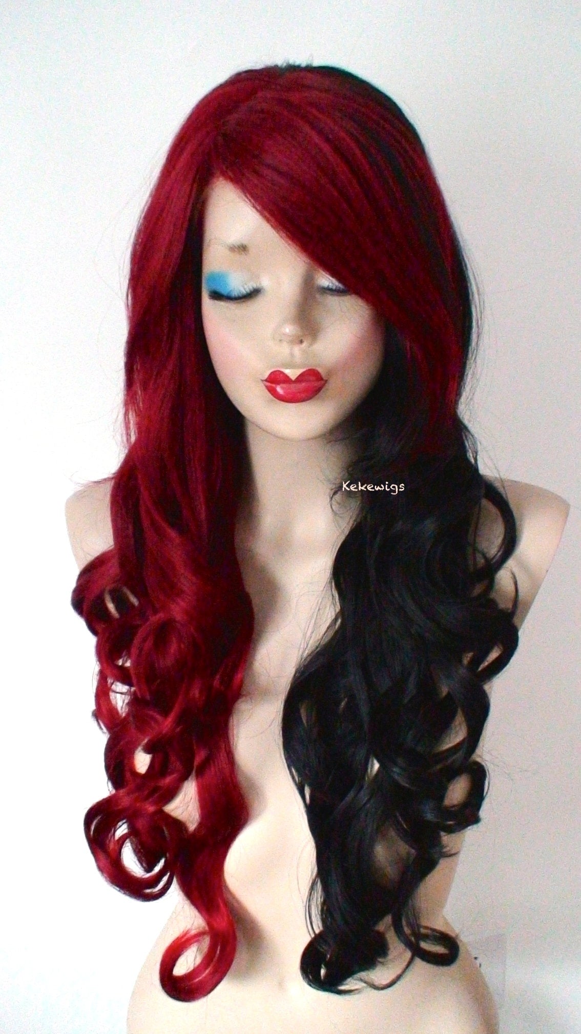 28" Red Black Side by Side Long Curly Hair Long Side Bangs Wig