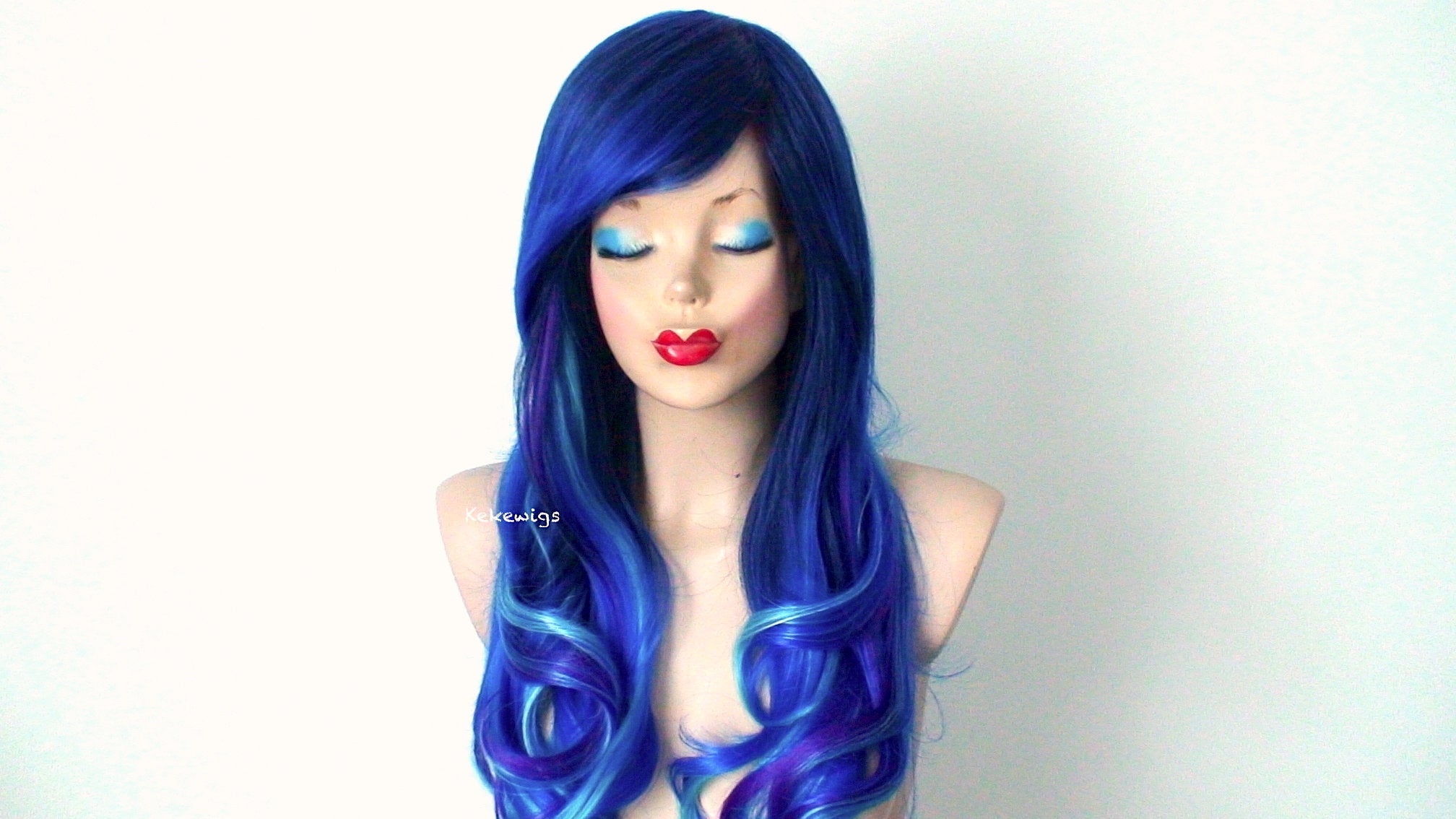 26" Blue Galaxy Ombre Long Curly Hair Side Bangs Wig