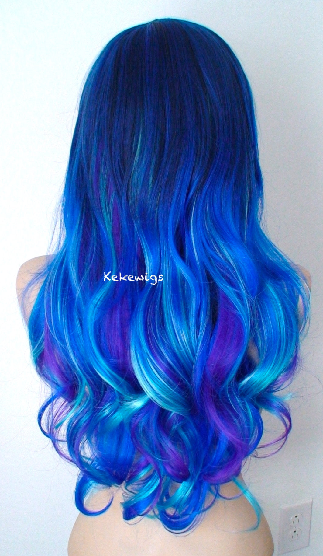 26" Blue Galaxy Ombre Long Curly Hair Side Bangs Wig