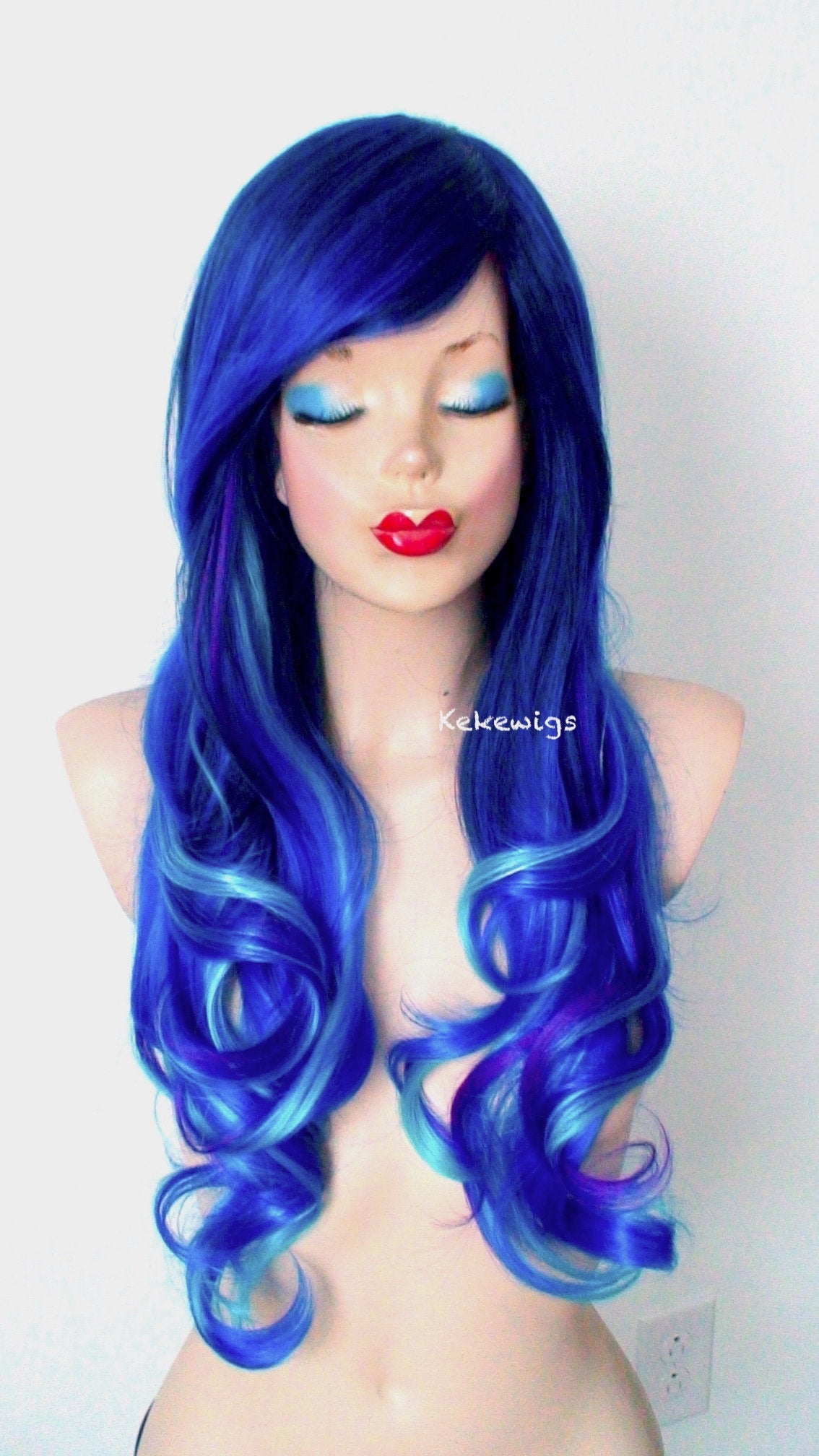 26" Blue Galaxy Ombre Long Curly Hair Side Bangs Wig