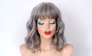 16" Grey Beach Wave Short Hair with Bangs Wig.