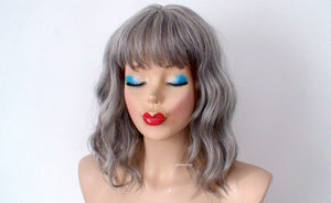 16" Grey Beach Wave Short Hair with Bangs Wig.