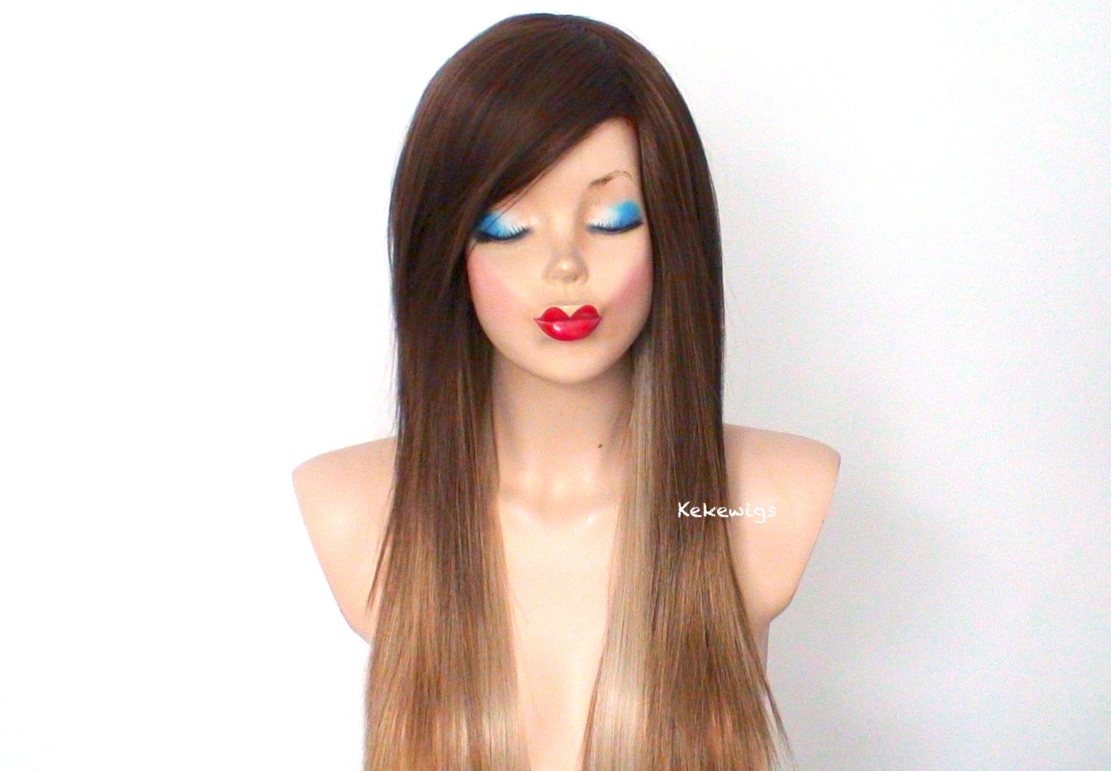 28" Brown /Honey Blonde /Ash blonde Long Straight Hair Long Side Wig