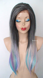 Load image into Gallery viewer, 28&quot; Lace Front Gray Pink Teal Blue Lavender Purple Blue Ombre Long Straight Layered Hair Long Side Bangs Wig
