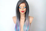 Load image into Gallery viewer, 28&quot; Lace Front Gray Pink Teal Blue Lavender Purple Blue Ombre Long Straight Layered Hair Long Side Bangs Wig
