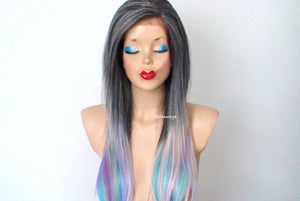 28" Lace Front Gray Pink Teal Blue Lavender Purple Blue Ombre Long Straight Layered Hair Long Side Bangs Wig