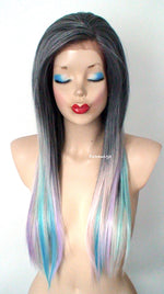 Load image into Gallery viewer, 28&quot; Lace Front Gray Pink Teal Blue Lavender Purple Blue Ombre Long Straight Layered Hair Long Side Bangs Wig
