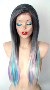 28" Lace Front Gray Pink Teal Blue Lavender Purple Blue Ombre Long Straight Layered Hair Long Side Bangs Wig