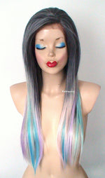 Load image into Gallery viewer, 28&quot; Lace Front Gray Pink Teal Blue Lavender Purple Blue Ombre Long Straight Layered Hair Long Side Bangs Wig
