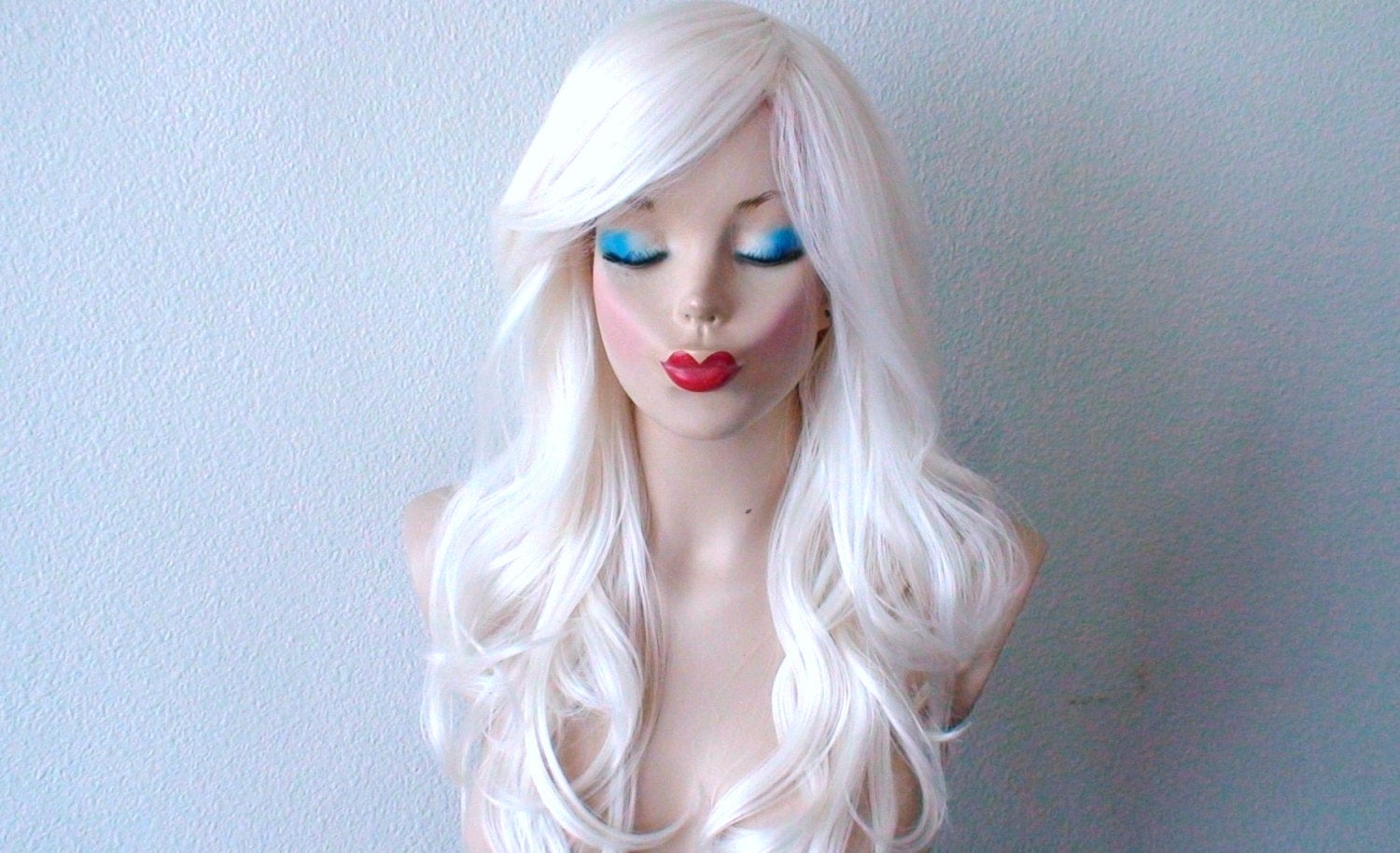 26" White Long Curly Hair Long Side Bangs Wig