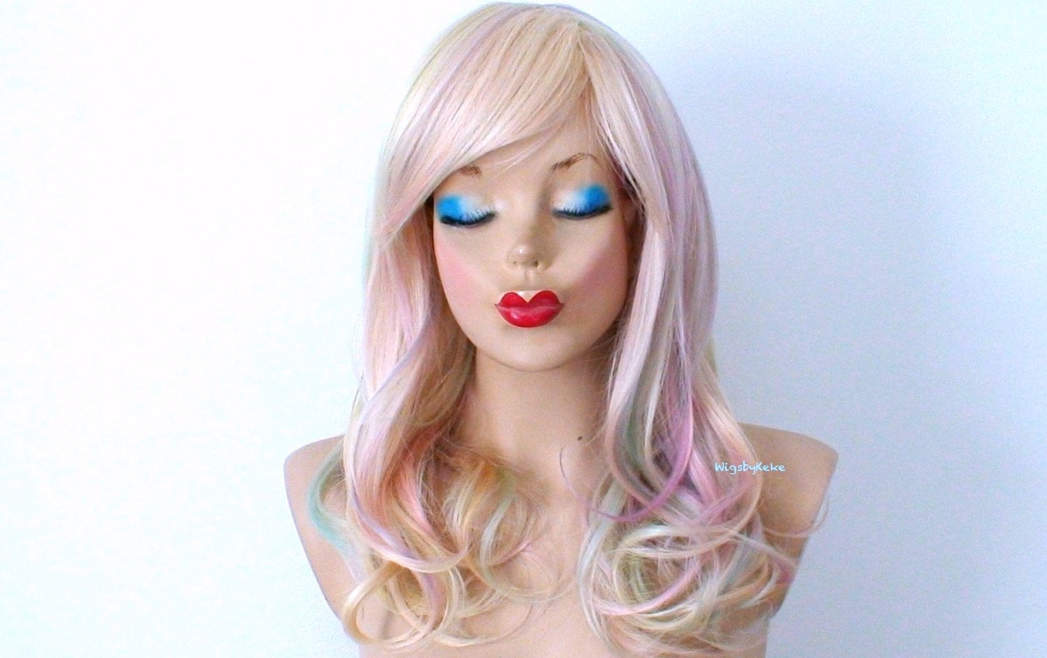 20" Hand-Dyed Blonde Pastel Rainbow Curly Hair Side Bangs Wig