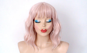 16' Antique Pink Short Wavy Hair with Bangs Wig