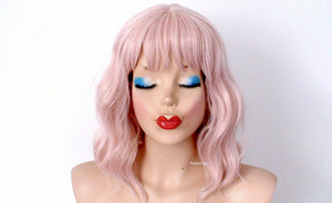 16' Antique Pink Short Wavy Hair with Bangs Wig