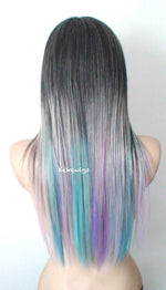 Load image into Gallery viewer, 28&quot; Lace Front Gray Pink Teal Blue Lavender Purple Blue Ombre Long Straight Layered Hair Long Side Bangs Wig
