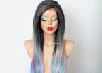 Load image into Gallery viewer, 28&quot; Lace Front Gray Pink Teal Blue Lavender Purple Blue Ombre Long Straight Layered Hair Long Side Bangs Wig
