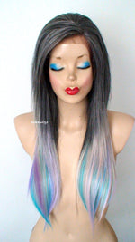 Load image into Gallery viewer, 28&quot; Lace Front Gray Pink Teal Blue Lavender Purple Blue Ombre Long Straight Layered Hair Long Side Bangs Wig
