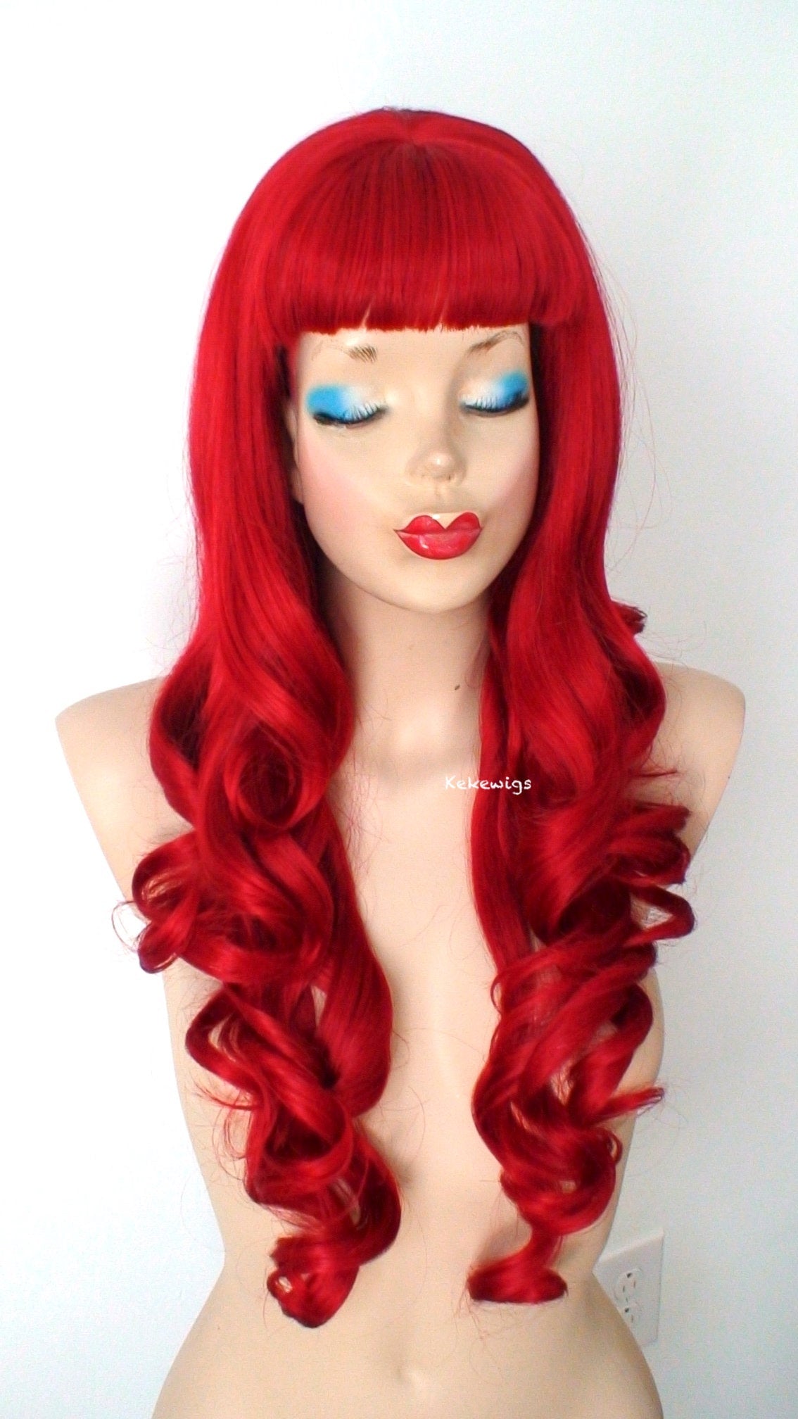 28" Red Long Curly Hair with Bangs Wig