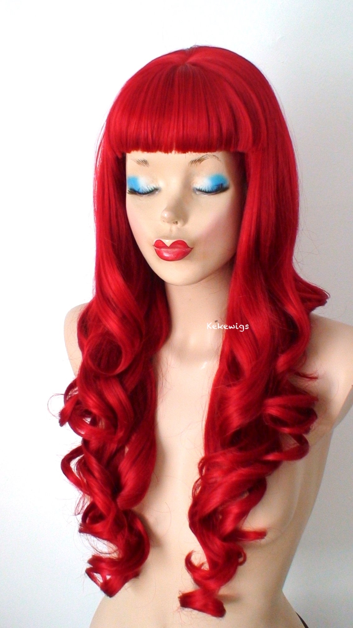 28" Red Long Curly Hair with Bangs Wig