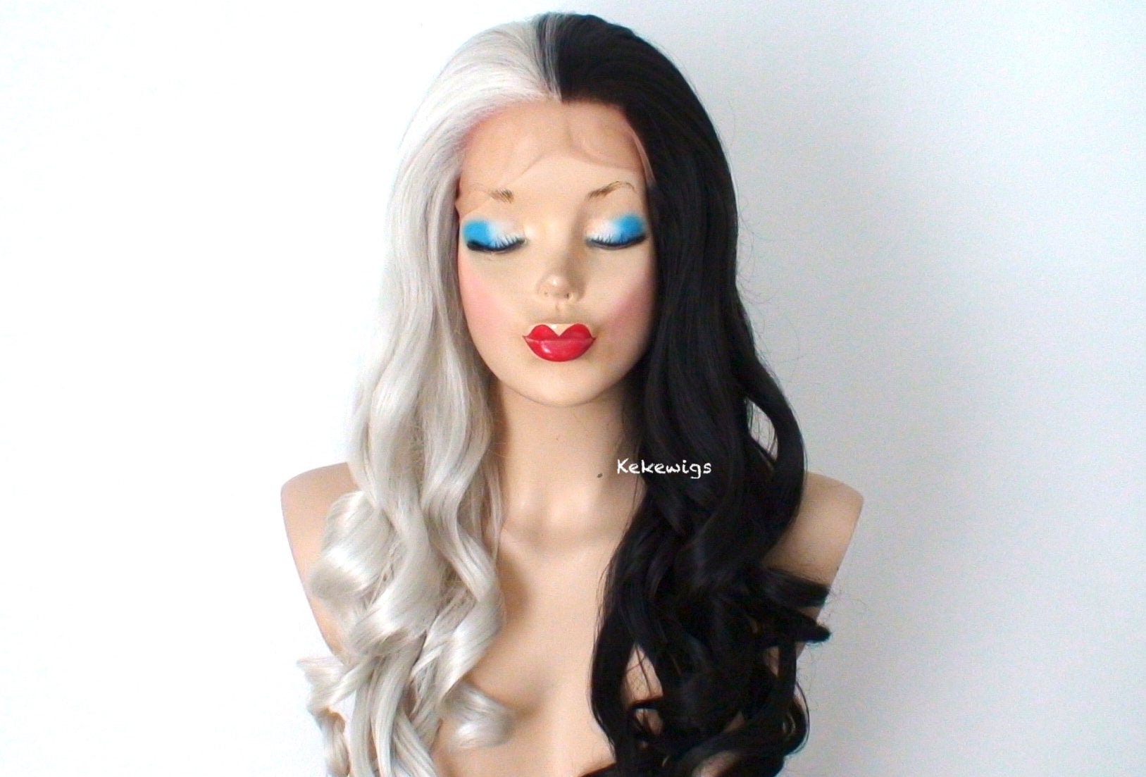 28" Lace front Gray Black Side by Side Long Wavy Hair Wig