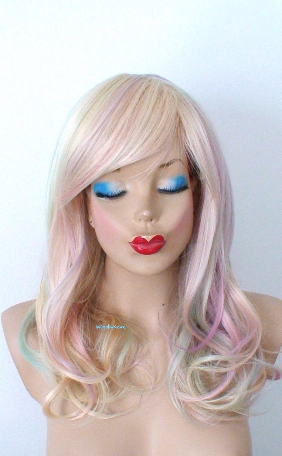 20" Hand-Dyed Blonde Pastel Rainbow Curly Hair Side Bangs Wig