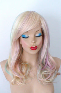 20" Hand-Dyed Blonde Pastel Rainbow Curly Hair Side Bangs Wig