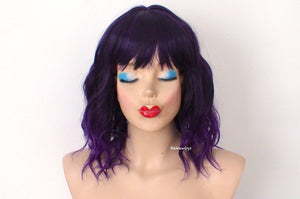 16" Purple Ombre Short Wavy Hair with Bangs Wig