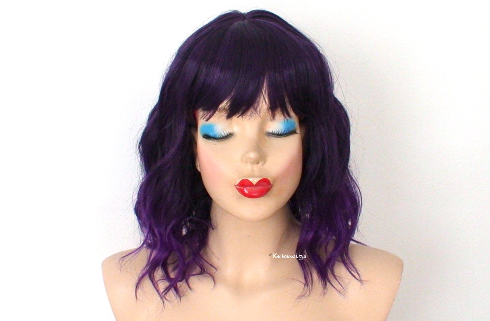 16" Purple Ombre Short Wavy Hair with Bangs Wig