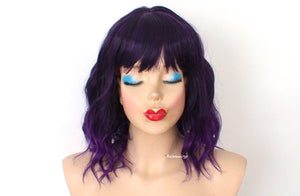 16" Purple Ombre Short Wavy Hair with Bangs Wig