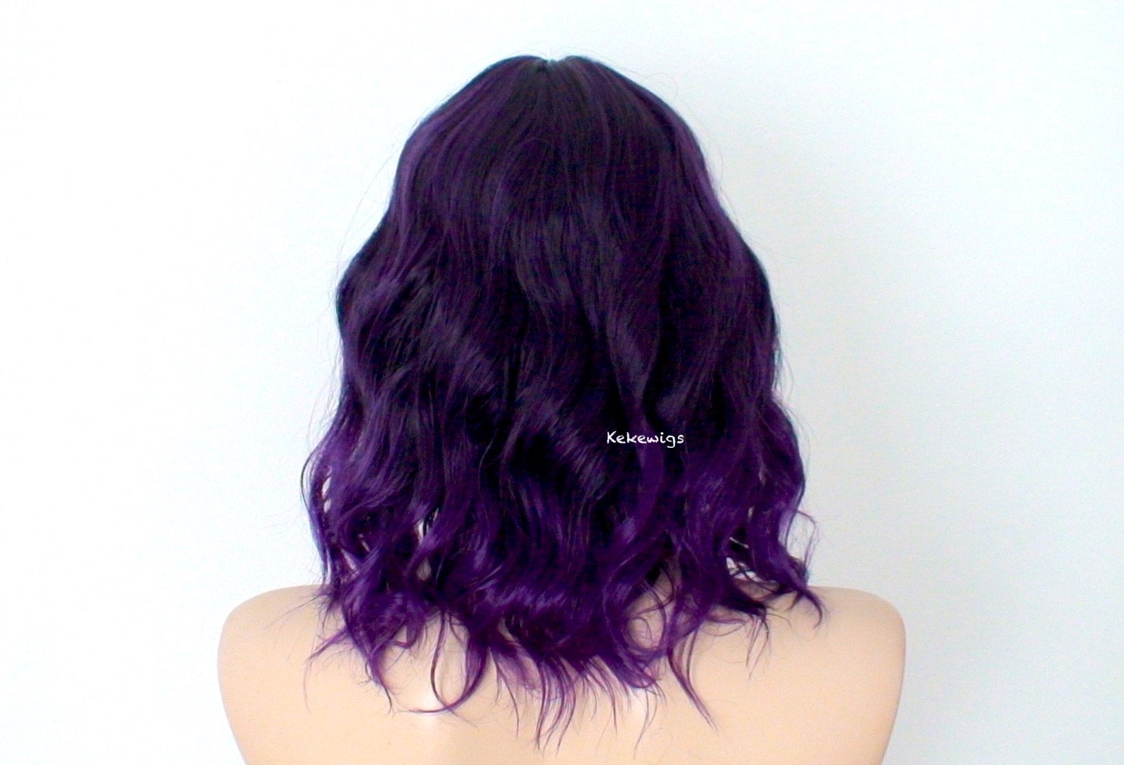 16" Purple Ombre Short Wavy Hair with Bangs Wig