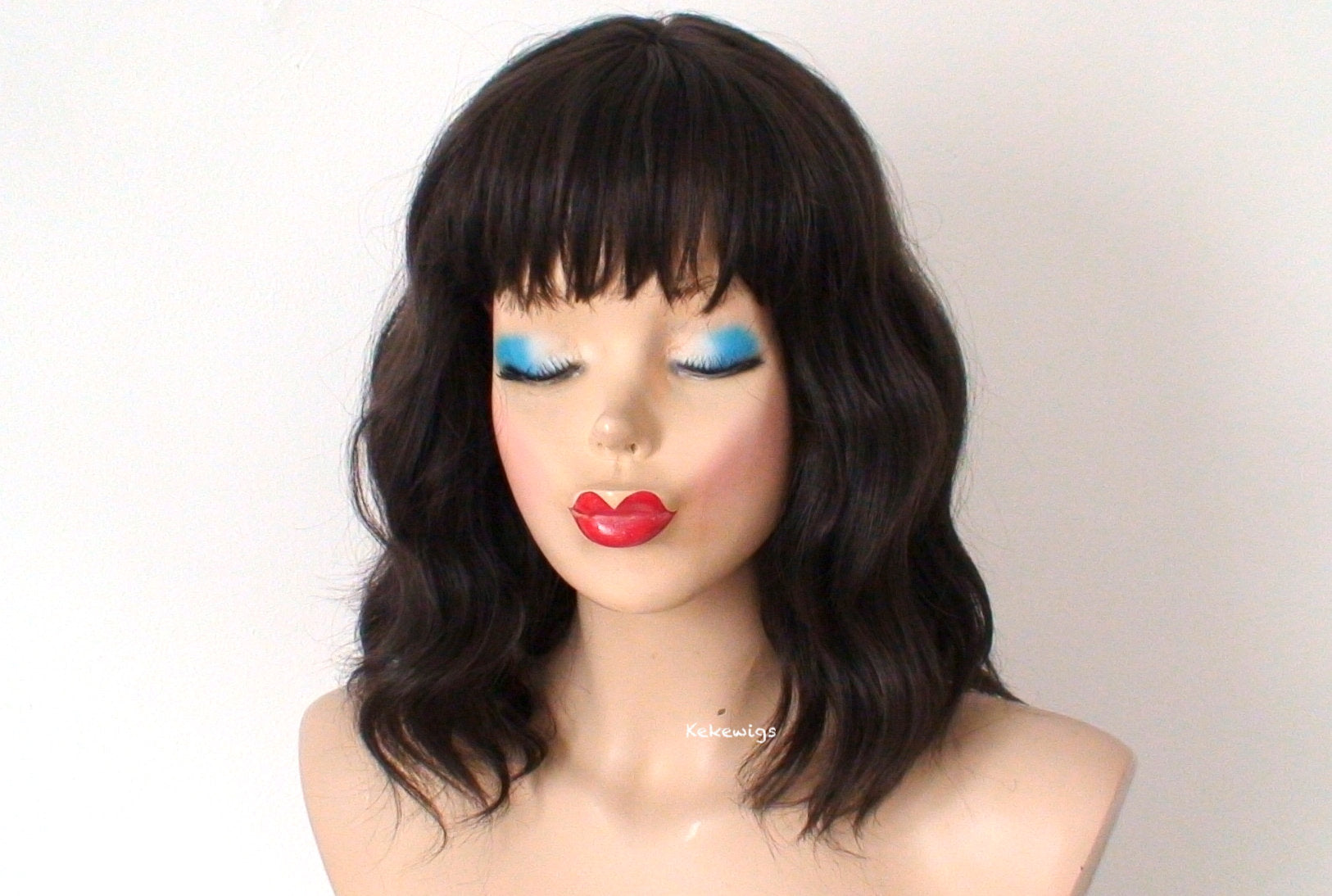 16" Brown Short Wavy Hair with Bangs Wig