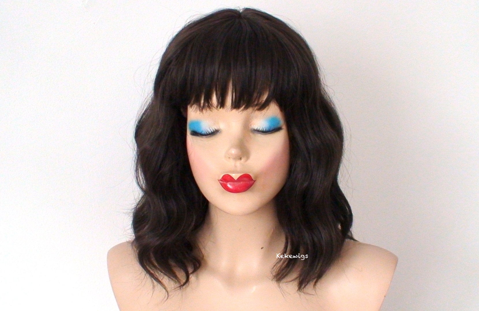 16" Brown Short Wavy Hair with Bangs Wig