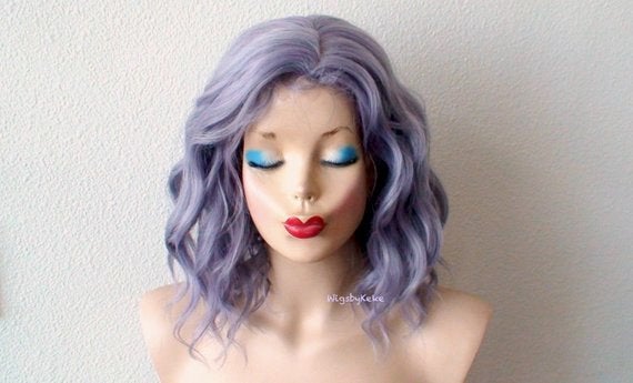 16" Pastel Dark Lavender Gray Short Wavy Hairstyle Wig.