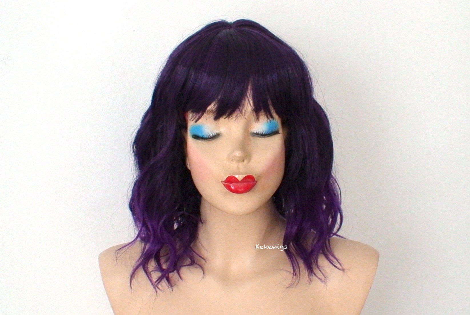 16" Purple Ombre Short Wavy Hair with Bangs Wig