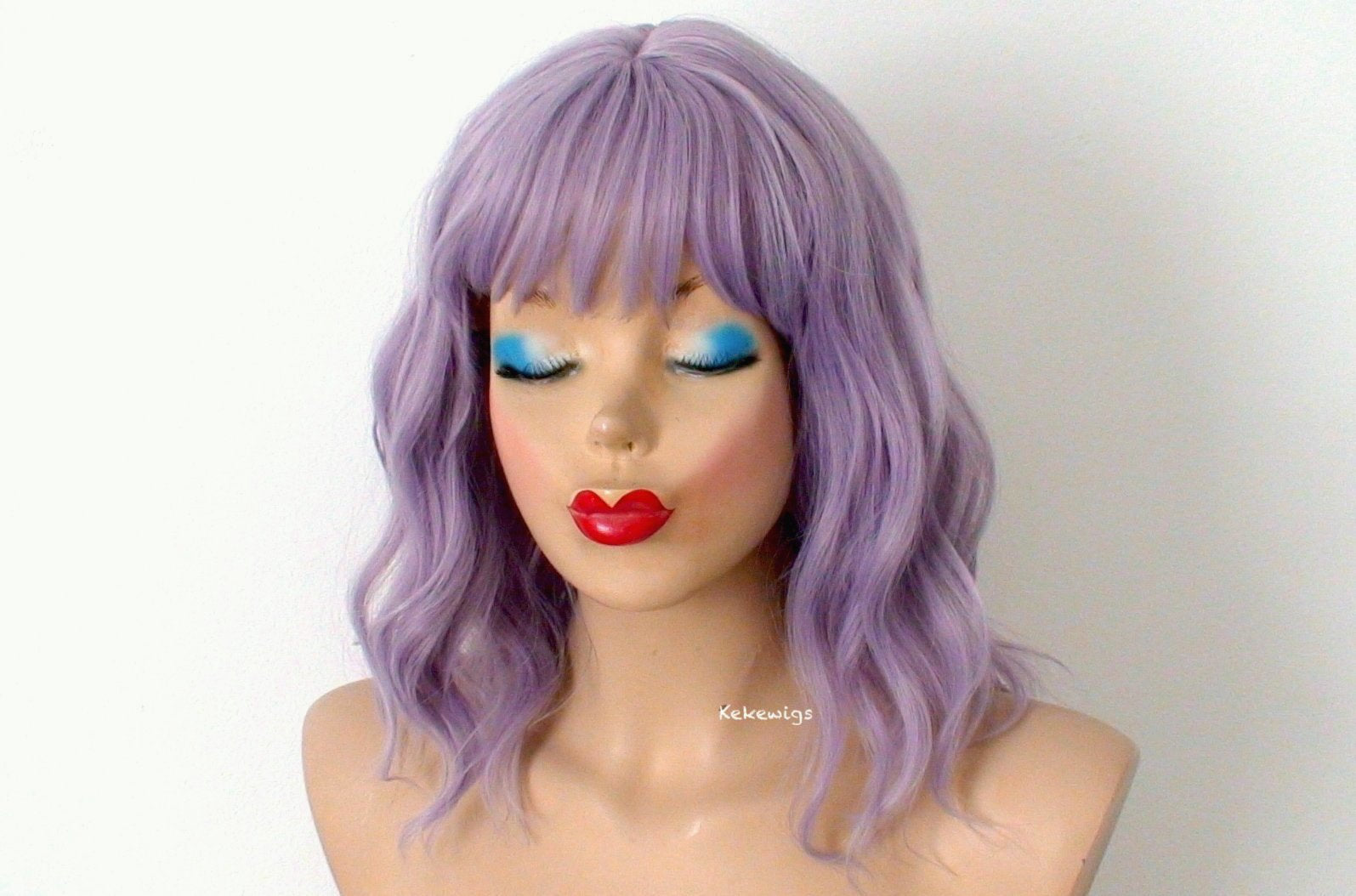 16" Pastel Smoky Lavender Short Wavy Hair with Bangs Wig.