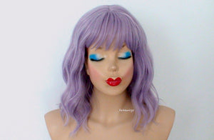 16" Pastel Smoky Lavender Short Wavy Hair with Bangs Wig.