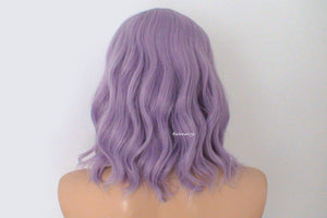 16" Pastel Smoky Lavender Short Wavy Hair with Bangs Wig.