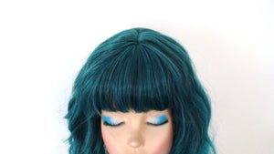 16" Teal Blue Ombre Short Wavy Hair with Bangs Wig