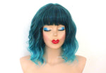 Load image into Gallery viewer, 16&quot; Teal Blue Ombre Short Wavy Hair with Bangs Wig
