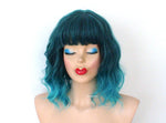 Load image into Gallery viewer, 16&quot; Teal Blue Ombre Short Wavy Hair with Bangs Wig
