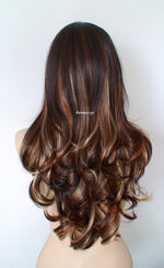 Load image into Gallery viewer, 26&quot; Brown Auburn Caramel Blonde Long Curly Hair Long Side Bangs Wig
