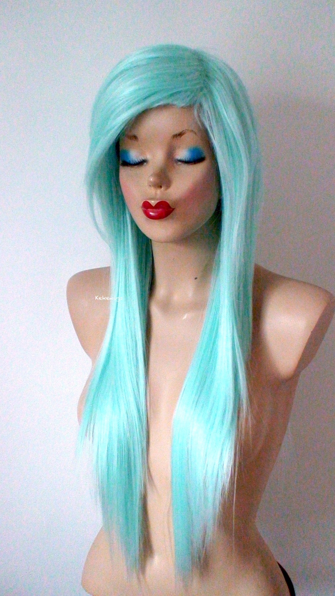 28" Mint Long Straight Hair Side Bangs Wig. Emo wig.  Scene wig.