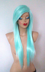 Load image into Gallery viewer, 28&quot; Mint Long Straight Hair Side Bangs Wig. Emo wig.  Scene wig.
