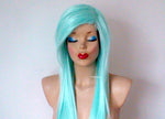 Load image into Gallery viewer, 28&quot; Mint Long Straight Hair Side Bangs Wig. Emo wig.  Scene wig.
