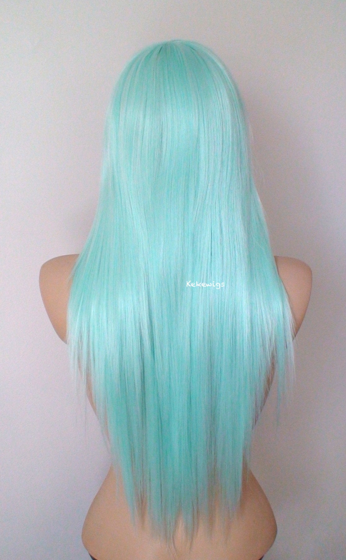 28" Mint Long Straight Hair Side Bangs Wig. Emo wig.  Scene wig.