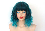 Load image into Gallery viewer, 16&quot; Teal Blue Ombre Short Wavy Hair with Bangs Wig
