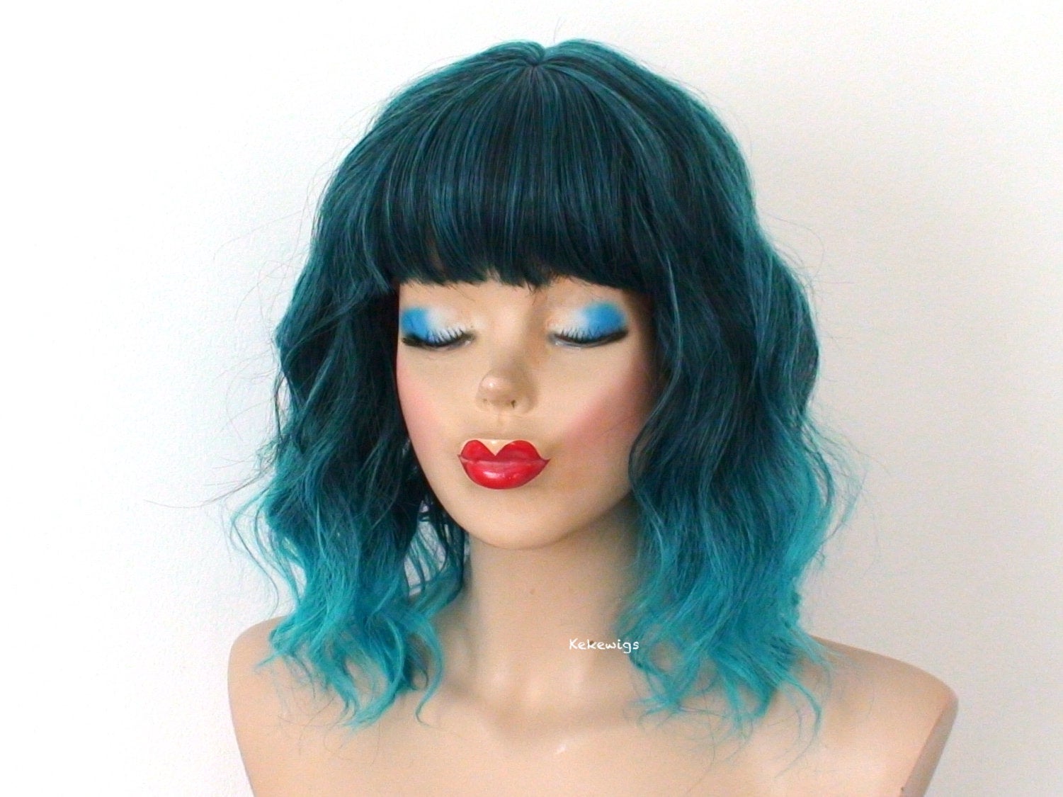 16" Teal Blue Ombre Short Wavy Hair with Bangs Wig