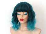 Load image into Gallery viewer, 16&quot; Teal Blue Ombre Short Wavy Hair with Bangs Wig
