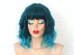 Load image into Gallery viewer, 16&quot; Teal Blue Ombre Short Wavy Hair with Bangs Wig
