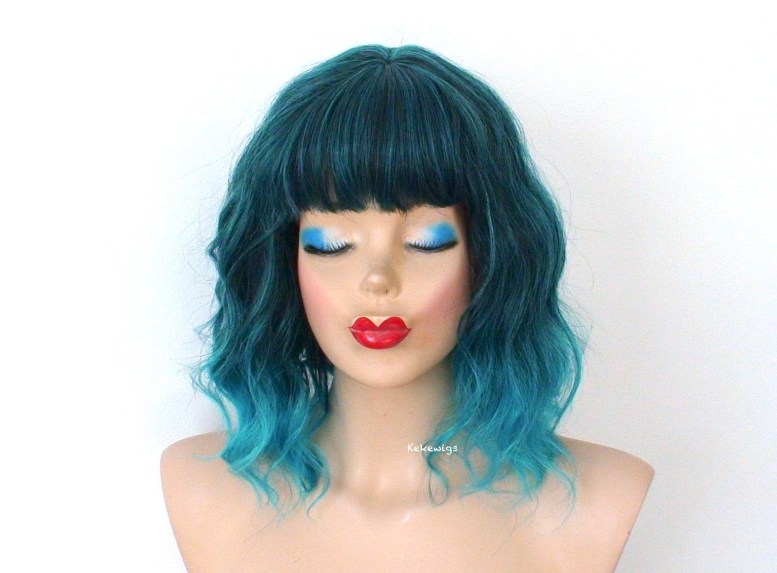 16" Teal Blue Ombre Short Wavy Hair with Bangs Wig