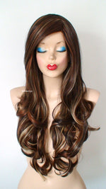 Load image into Gallery viewer, 26&quot; Brown Auburn Caramel Blonde Long Curly Hair Long Side Bangs Wig
